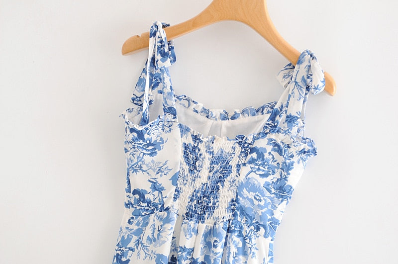 Boho Midi Dress, Strappy Sundress, Blue Rose