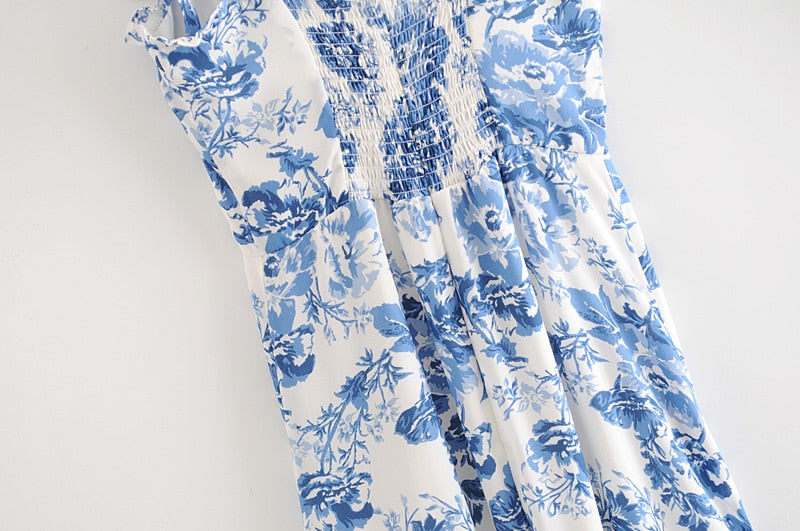 Boho Midi Dress, Strappy Sundress, Blue Rose