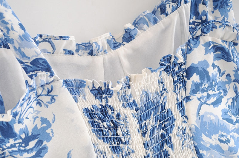 Boho Midi Dress, Strappy Sundress, Blue Rose