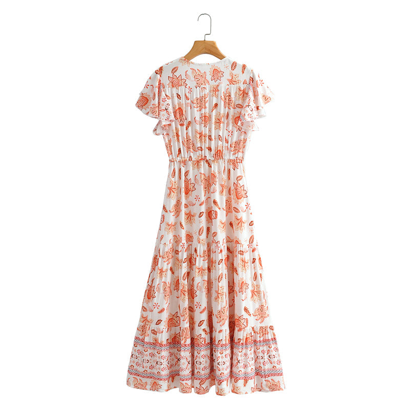 Boho Midi Dress, Sundress, White Orange Celeste