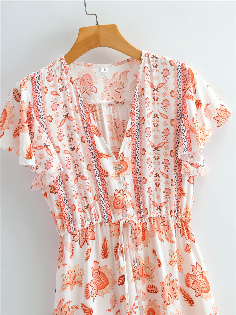 Boho Midi Dress, Sundress, White Orange Celeste