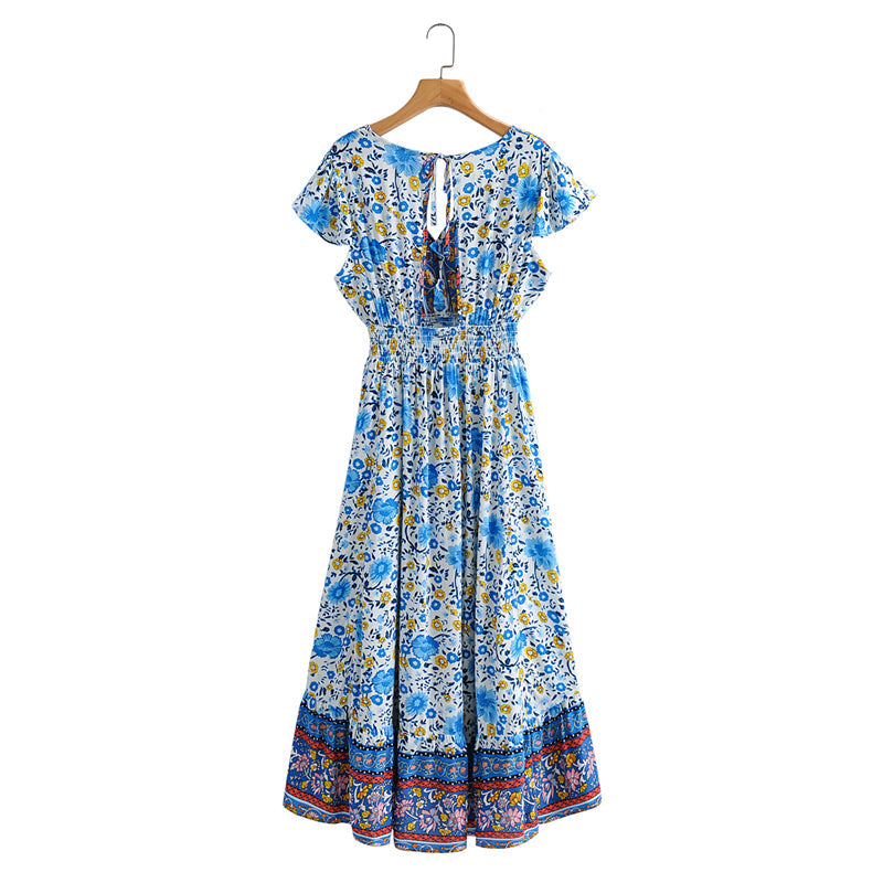 Boho Maxi Dress, Blue Wild Flower
