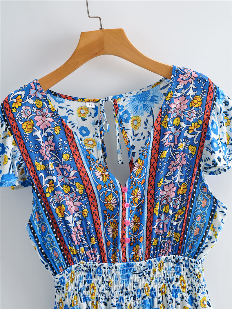 Boho Maxi Dress, Blue Wild Flower
