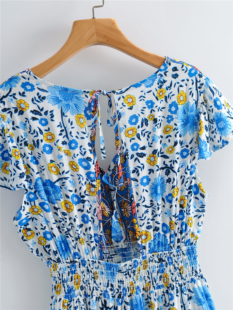 Boho Maxi Dress, Blue Wild Flower
