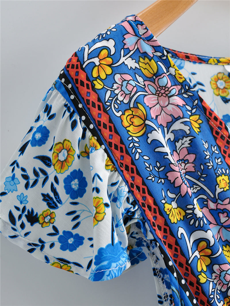 Boho Maxi Dress, Blue Wild Flower