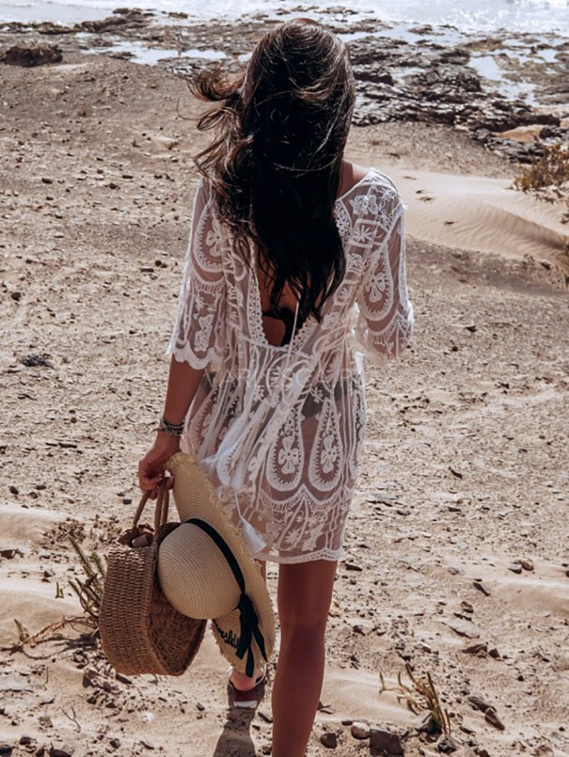Boho Boho Mini Dress, Beach Dress, Cover up Dress, Cover up Dress,, White Lace Maya
