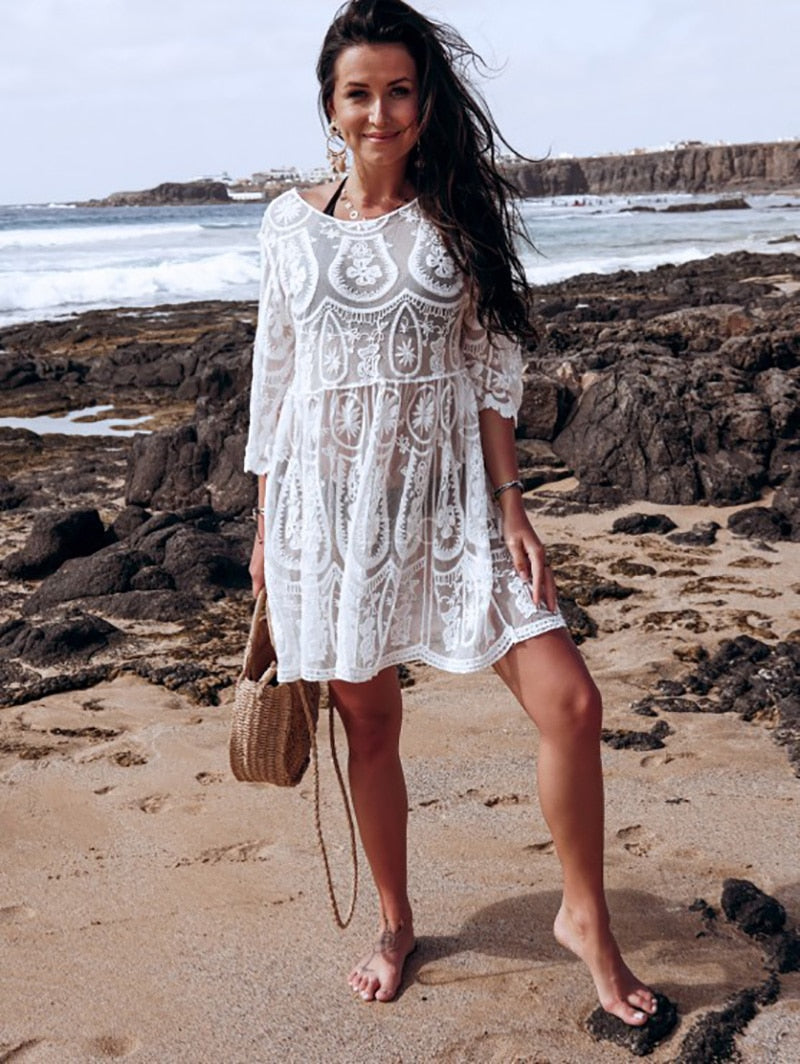 Boho Boho Mini Dress, Beach Dress, Cover up Dress, Cover up Dress,, White Lace Maya