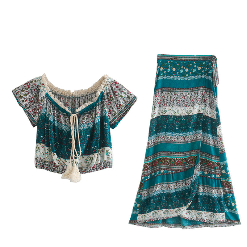 Boho Two Piece Set, Two Piece Skirt Set, Wild Boho Tassel in Green