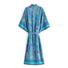 Boho Robe, Kimono Robe,  Beach Cover up, Blue Sea Peony Bird