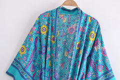Boho Robe, Kimono Robe,  Beach Cover up, Blue Sea Peony Bird