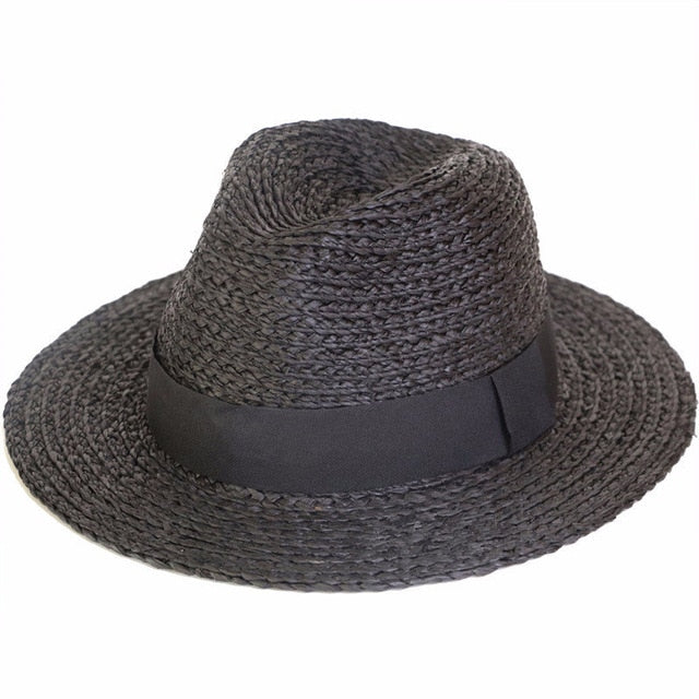 Boho Hat, Sun Hat, Beach Hat, Raffia Grass Fedora Jazz Hat, Mia Black Caramel