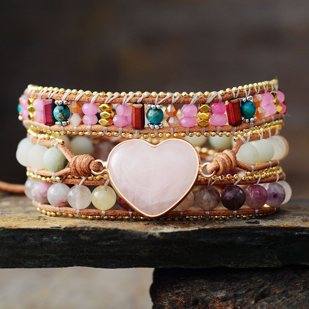 Boho Bracelet, 3 Layers Leather Wrap Bracelet, Tourmaline Rose Heart