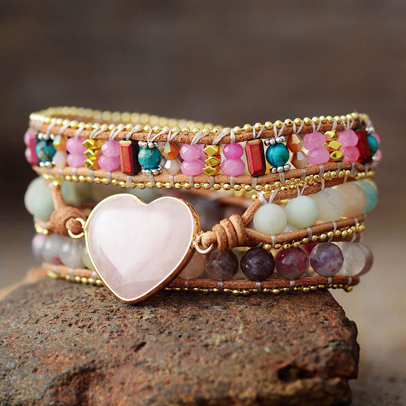 Boho Bracelet, 3 Layers Leather Wrap Bracelet, Tourmaline Rose Heart