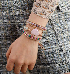 Boho Bracelet, 3 Layers Leather Wrap Bracelet, Tourmaline Rose Heart