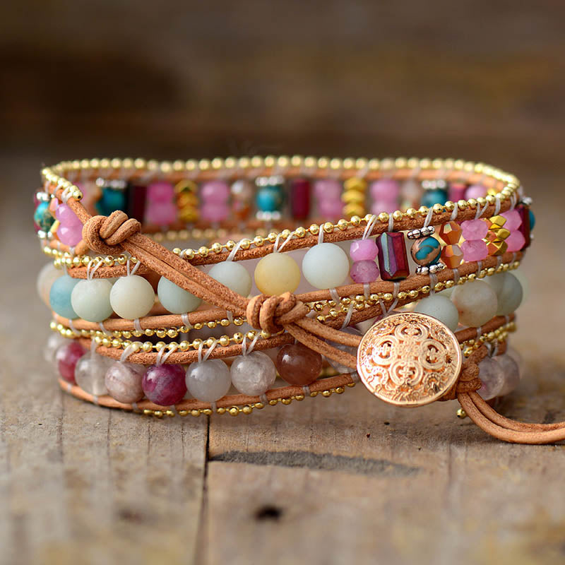 Boho Bracelet, 3 Layers Leather Wrap Bracelet, Tourmaline Rose Heart