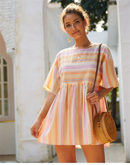 Boho Mini Dress  Sundress, Cotton Stripe in Pink