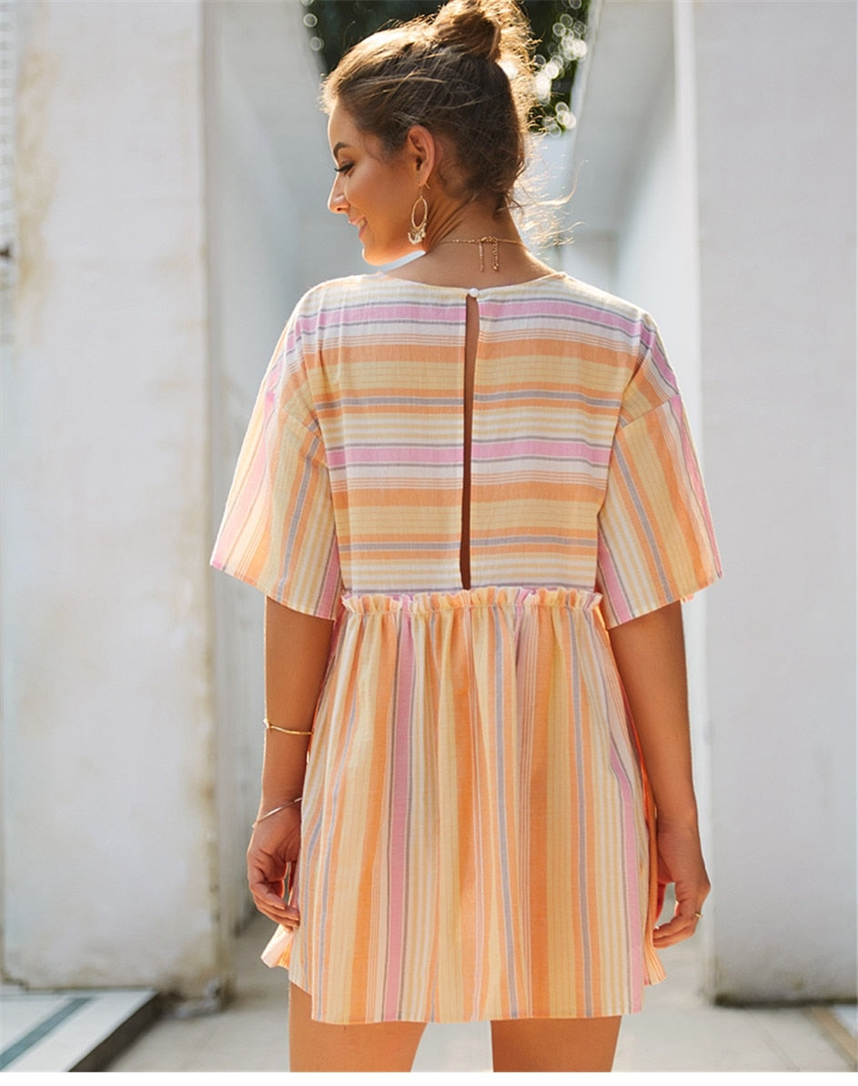Boho Mini Dress  Sundress, Cotton Stripe in Pink
