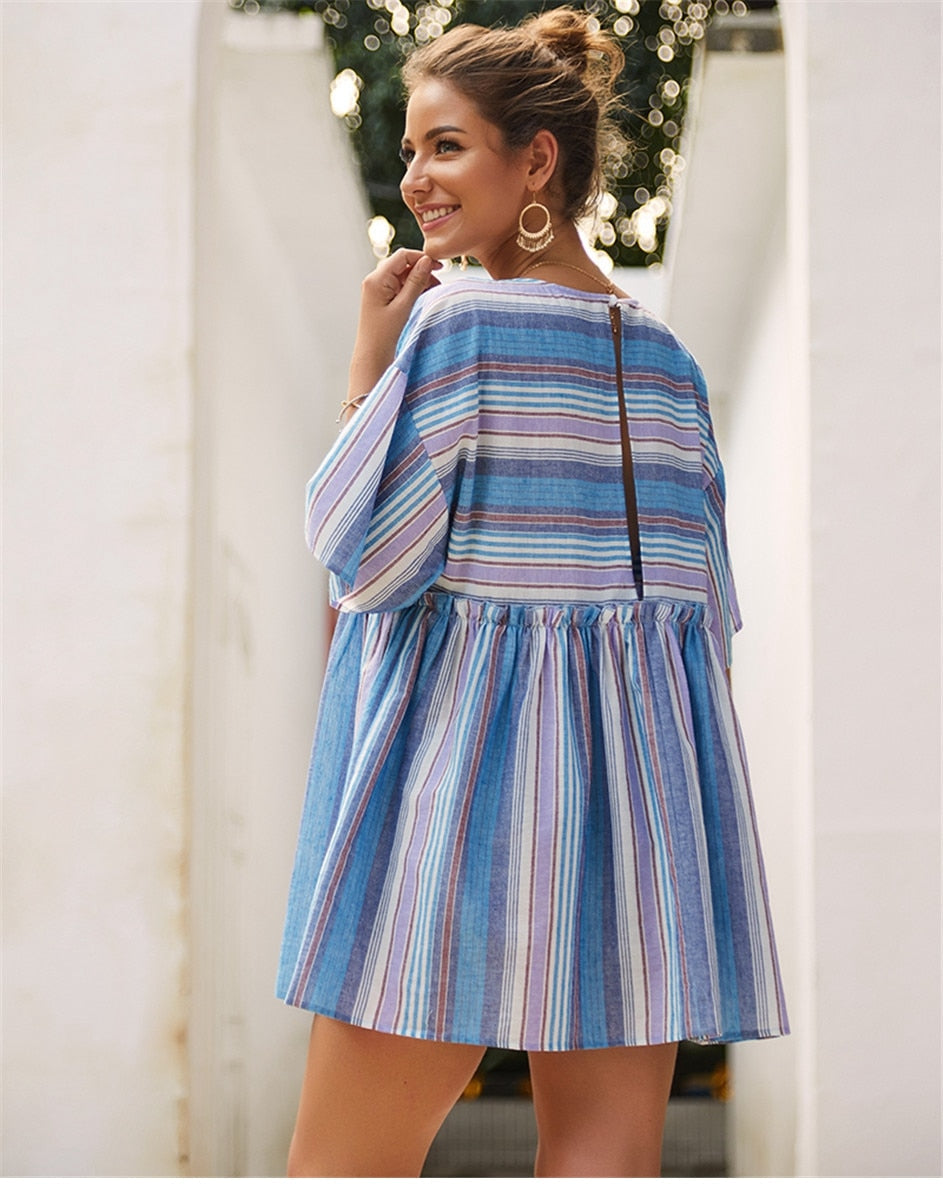 Boho Mini Dress  Sundress, Cotton Stripe in Blue