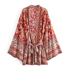 Boho Robe, Kimono Robe,  Beach Cover up, Short Robe, Gabriella in Currant Red