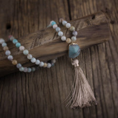 Boho Necklace, RH Rose Quart Amazonite, Oval Tassel Pink Natural Stone