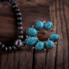 Boho Necklace, RH Antique Moon Metal  Turquoise Blue Flower