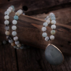 Boho Necklace, RH Rose Quart Amazonite, Oval Blue Pink Natural Stone