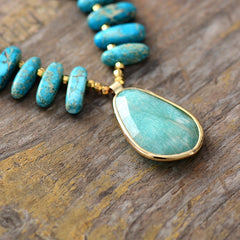 Boho Necklace, Blue Amazonite, Seed Beads Jasper and Amazonite