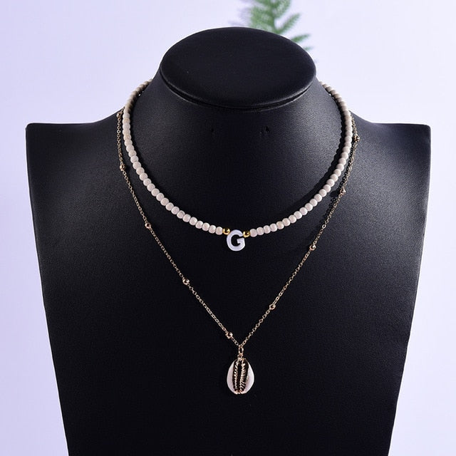 Boho Personalized Custom Necklace, Seed Bead  2 Layered Choker, Letter Name and Shell