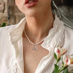 Boho Personalized Custom Necklace, Pearl Choker, Gold Letter Name