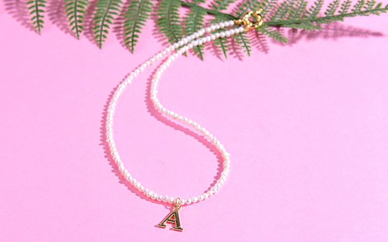 Boho Personalized Custom Necklace, Pearl Choker, Gold Letter Name