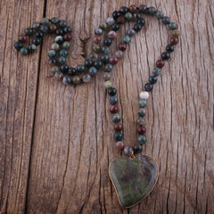Boho Necklace, RH India Agated  Green Heart Natural Stone