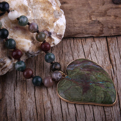 Boho Necklace, RH India Agated  Green Heart Natural Stone