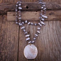 Boho Necklace, RH Big Crystal Shell Purple Necklaces