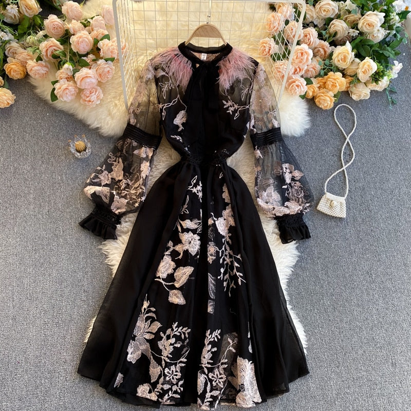 Vintage Dress, Boho Midi Dress, Party Dress, Embroidered Dress,  Gown, Magnolia Feather in Black