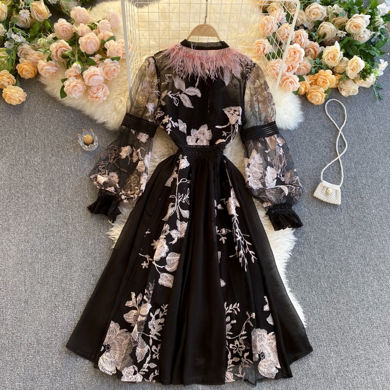 Vintage Dress, Boho Midi Dress, Party Dress, Embroidered Dress,  Gown, Magnolia Feather in Black