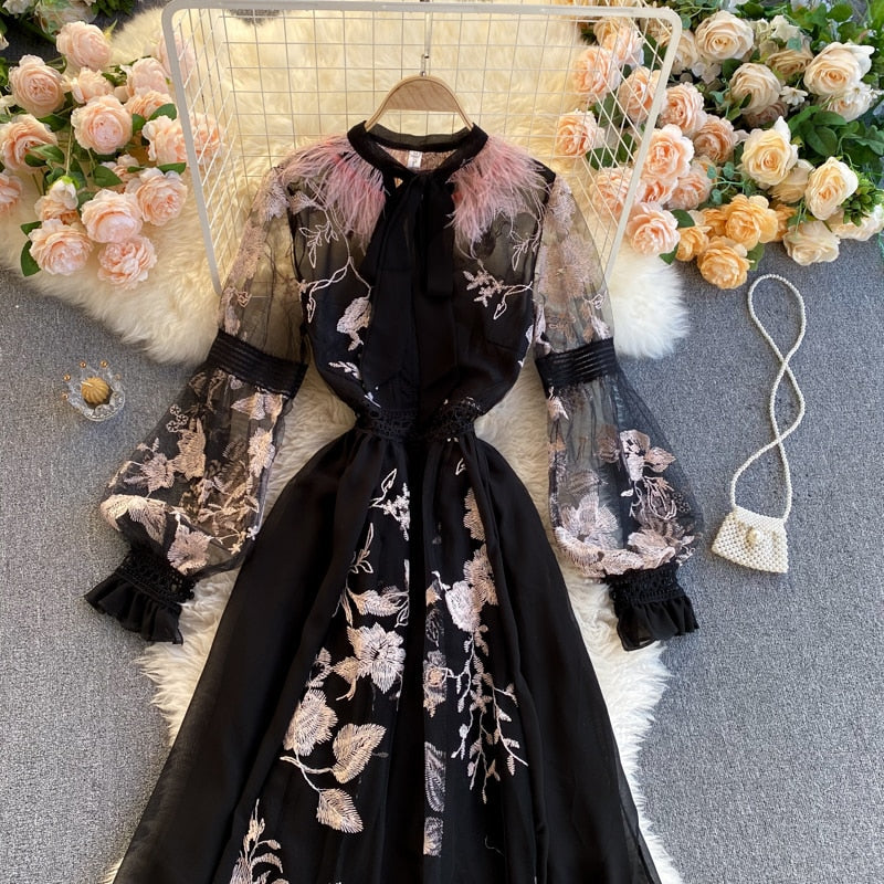 Vintage Dress, Boho Midi Dress, Party Dress, Embroidered Dress,  Gown, Magnolia Feather in Black
