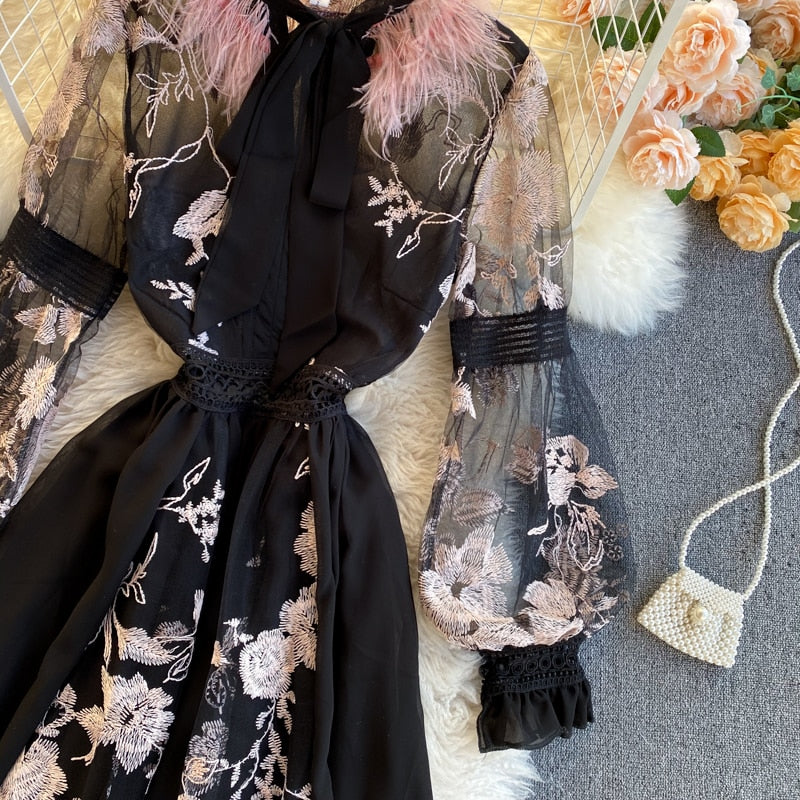 Vintage Dress, Boho Midi Dress, Party Dress, Embroidered Dress,  Gown, Magnolia Feather in Black