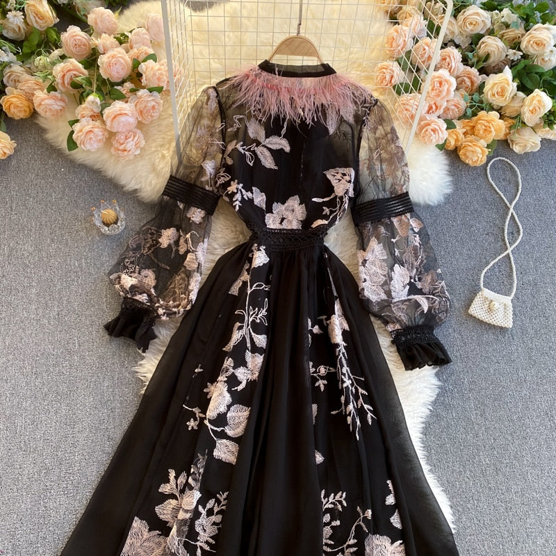 Vintage Dress, Boho Midi Dress, Party Dress, Embroidered Dress,  Gown, Magnolia Feather in Black