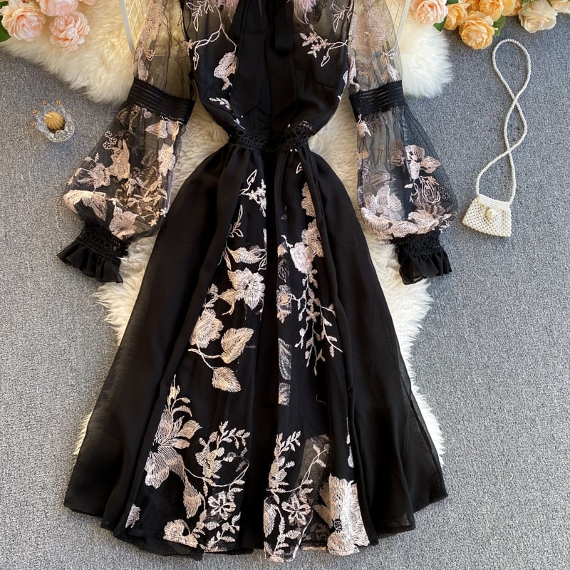 Vintage Dress, Boho Midi Dress, Party Dress, Embroidered Dress,  Gown, Magnolia Feather in Black