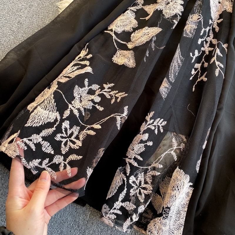 Vintage Dress, Boho Midi Dress, Party Dress, Embroidered Dress,  Gown, Magnolia Feather in Black