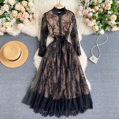 Vintage Dress, Boho Midi Dress, Lace Party Dress, Gown, Rosalie in Midnight Black