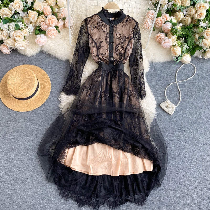 Vintage Dress, Boho Midi Dress, Lace Party Dress, Gown, Rosalie in Midnight Black