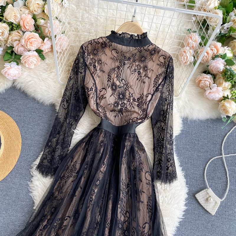Vintage Dress, Boho Midi Dress, Lace Party Dress, Gown, Rosalie in Midnight Black