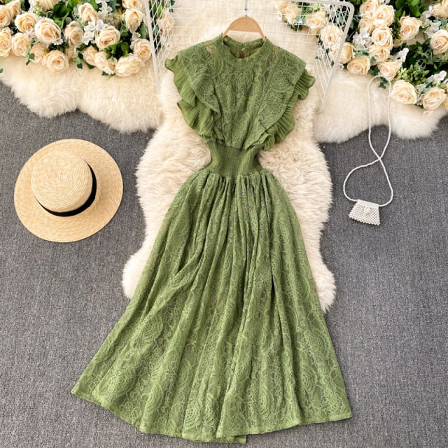 Vintage Dress, Boho Midi Dress, Lace Dress, Aliyah in Green, Red and BLack