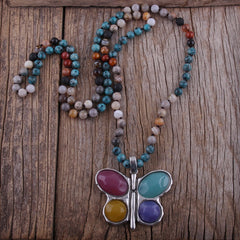 Boho Necklace, RH Crystal Butterfly Blue Natural Stone