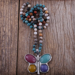 Boho Necklace, RH Crystal Butterfly Blue Natural Stone