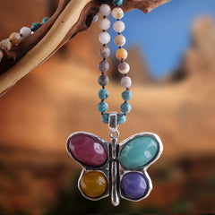 Boho Necklace, RH Crystal Butterfly Blue Natural Stone