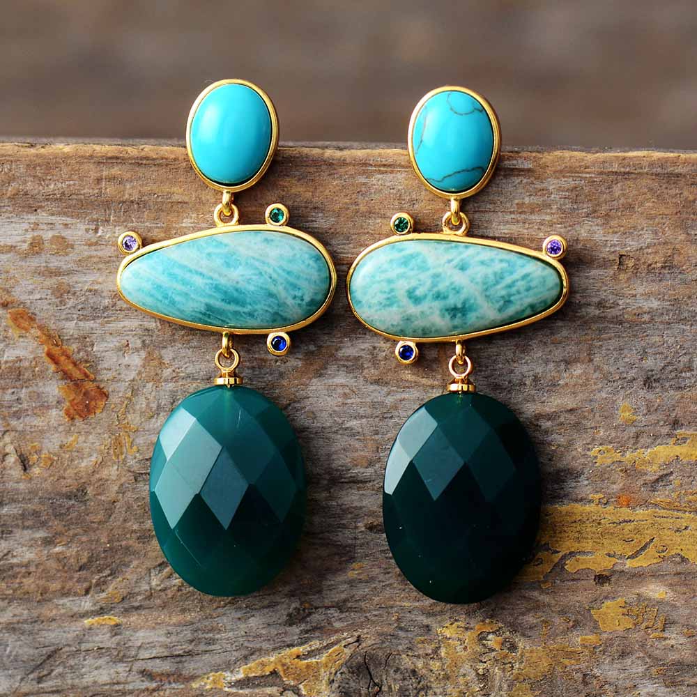 Boho Earrings, Dangle Earrings, Hyperbole Amazonite Onyx Stud