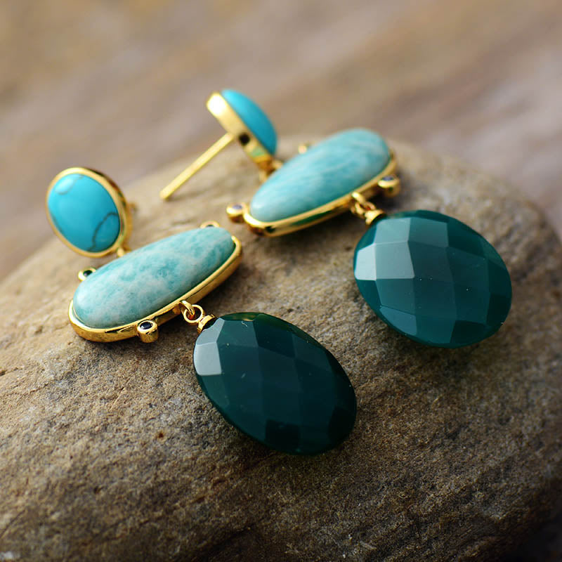 Boho Earrings, Dangle Earrings, Hyperbole Amazonite Onyx Stud