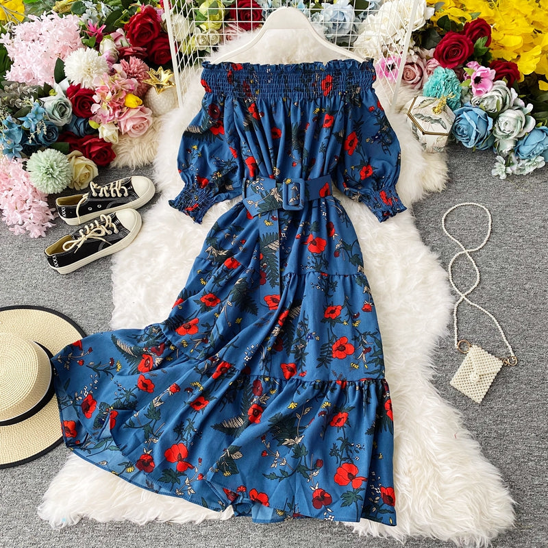 Vintage Dress, Boho Midi Dress, Dress, Off Shoulder Dress, Poppy in Blue and Red